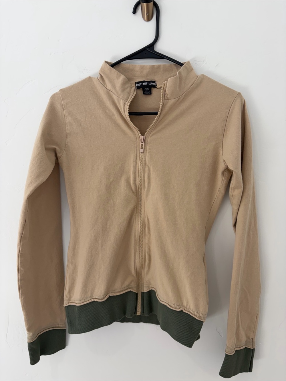 PrettyLittleThing Beige Zip Up Jacket Olive Trim Fitted Y2K Size 8